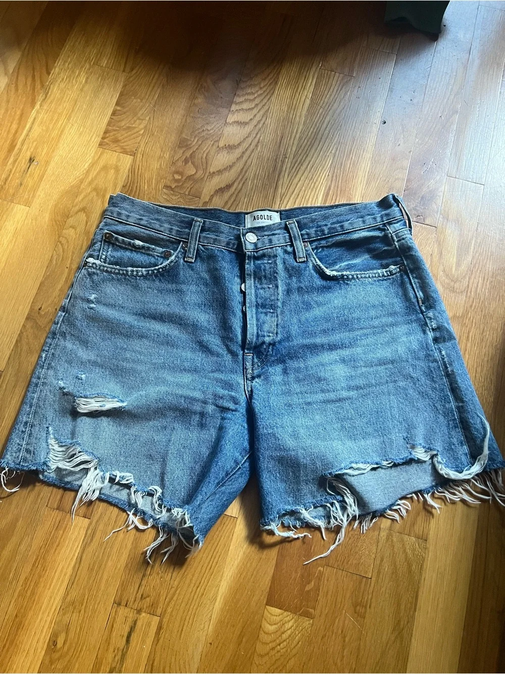 AGOLDE Parker Long Shorts Distressed Wheel Denim